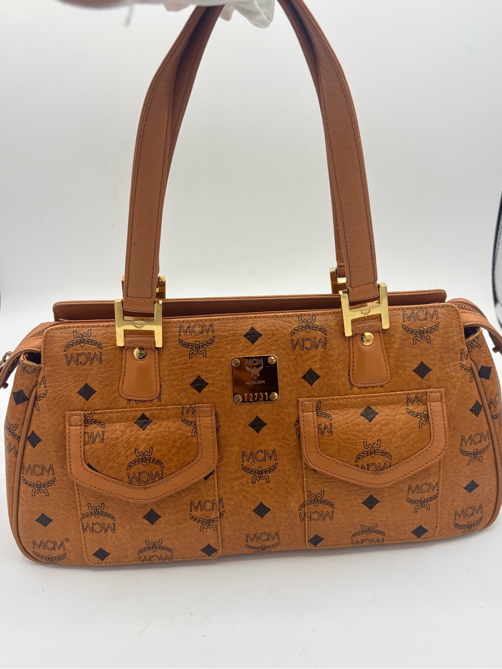 MCM Cognac Brown Visetos Logo Shoulder Bag with Gold Hardware